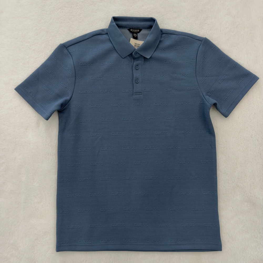 Guess Los Angeles Mens Blue Embossed Logo Polo Shirt Short Sleeve X6OPB1 S